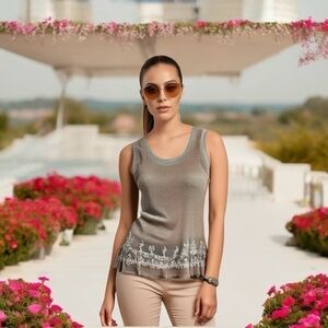 Women Top MARILU Italy Beige Tan Embroidered Lace Tank Top Sleeveless Top Blouse